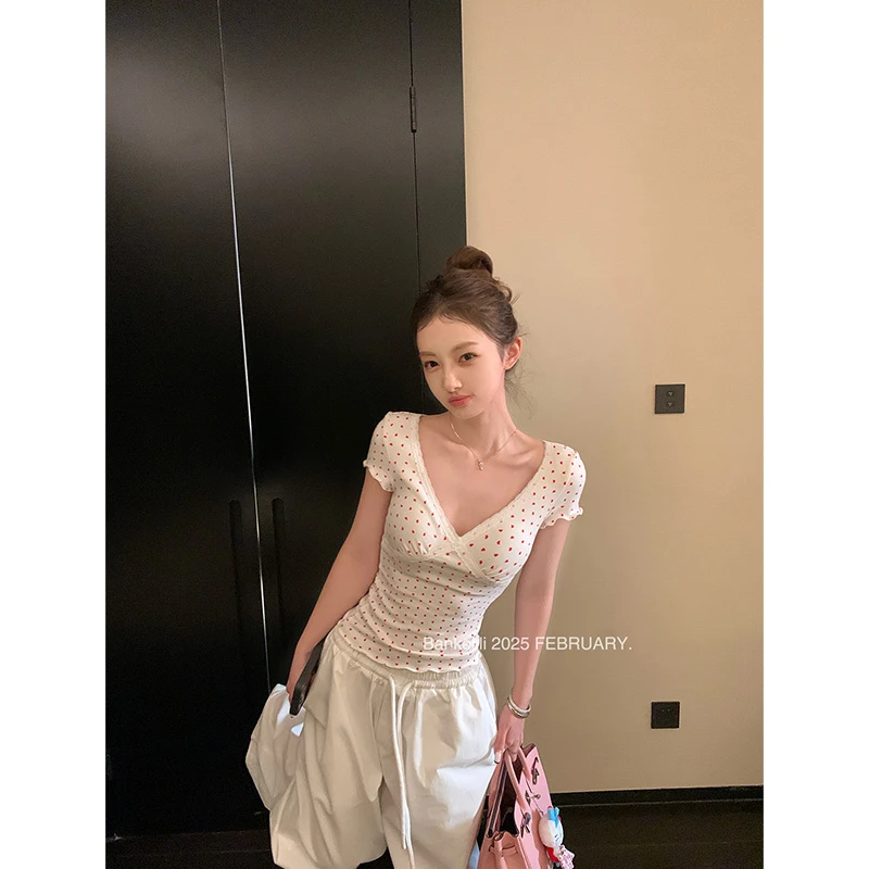 古早小野豹 辣妹蕾丝低V领豹纹T恤上衣内搭外穿女