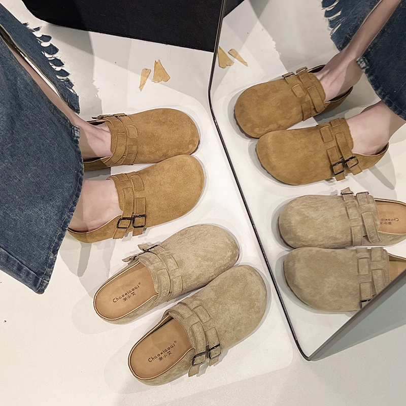 磨砂纯色低跟包头中跟平底包头半拖ins网红时尚百搭复古休闲防滑