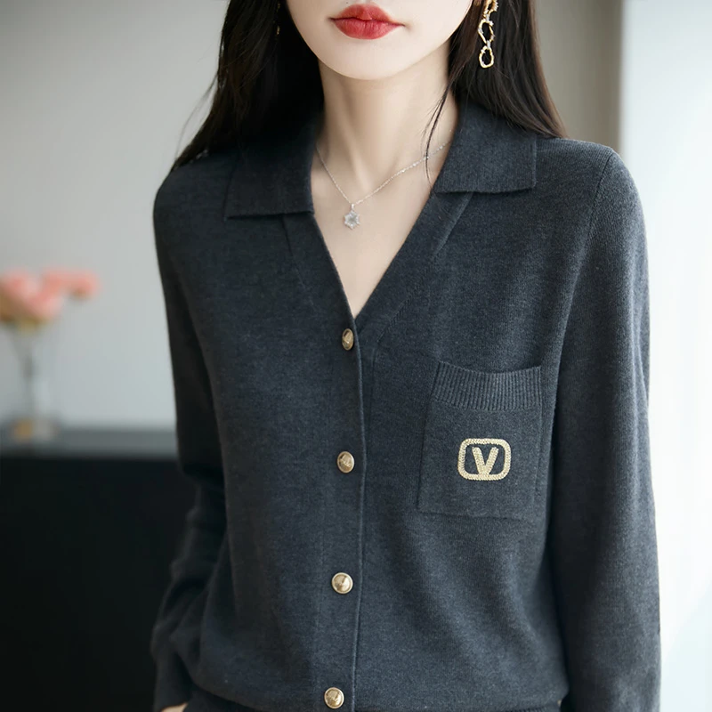 开衫翻领款~女士春秋V领针织衫长袖时尚百搭宽松气质洋气打底衫