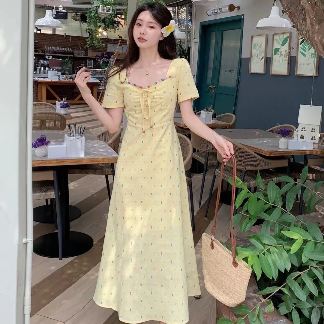 碎花V领夏季短袖法式ins风连衣裙旗袍收腰长裙肯豆风显瘦气质复古