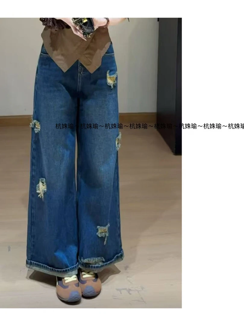 港风水洗做旧显瘦宽松破洞牛仔直筒裤5029