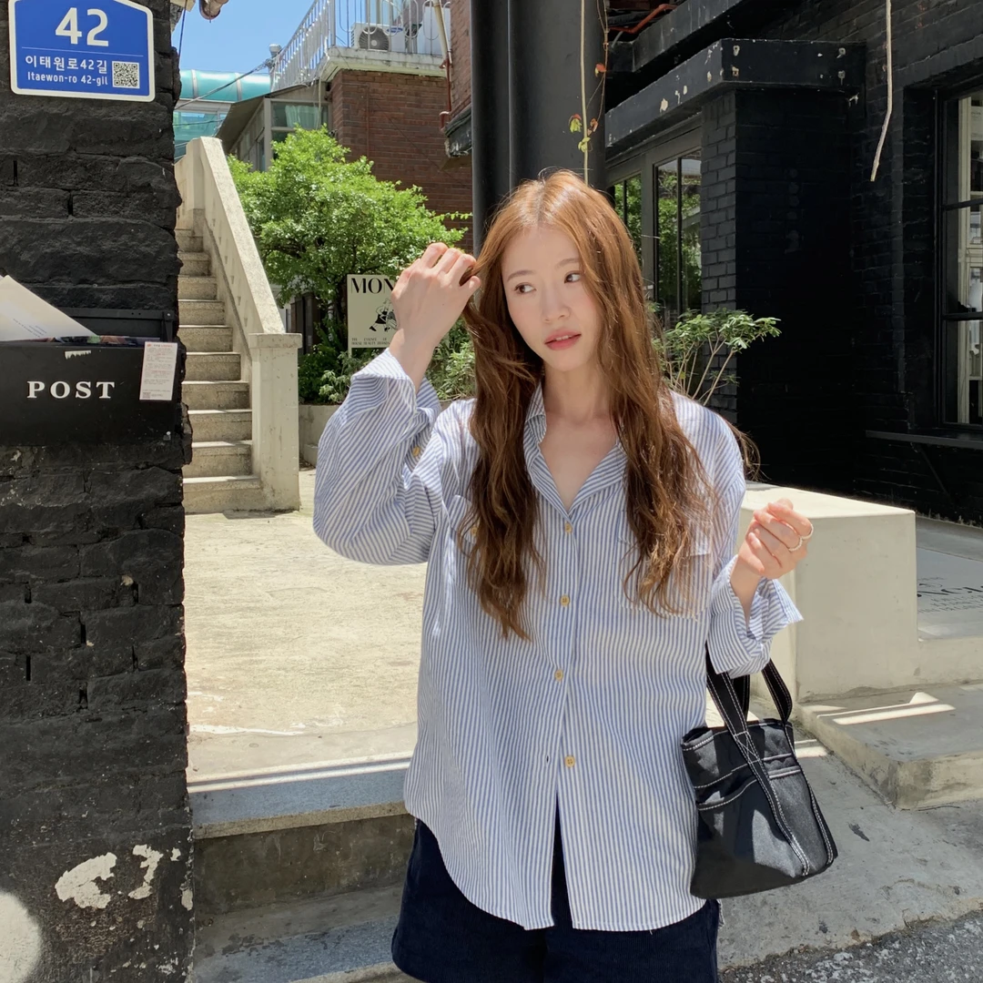 全额运费补贴条纹秋季轻职风POLO领不起球衬衫长袖显瘦设计感韩版