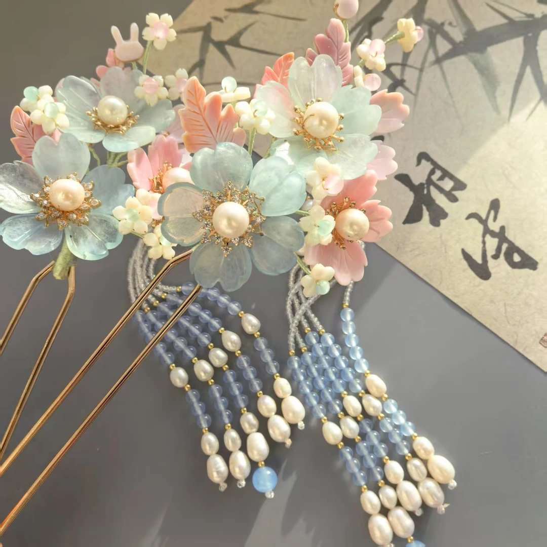 海蓝粉贝流苏步摇发簪