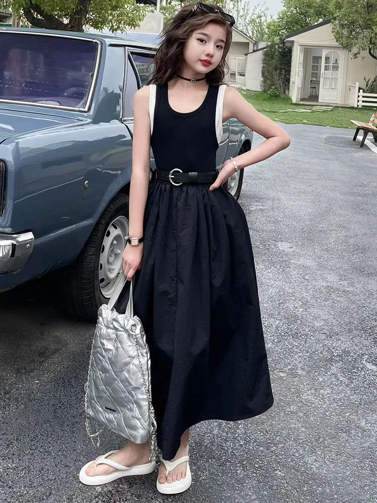 【芽芽日记】夏季新款女童拼接时尚韩版设计感黑色高腰连衣裙无袖