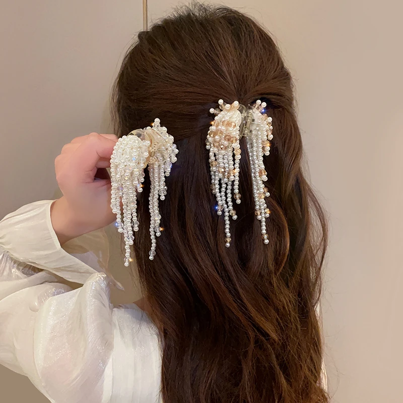 仿珍珠流苏抓夹女2025新款发夹高级感后脑勺半扎发小号鲨鱼夹发饰