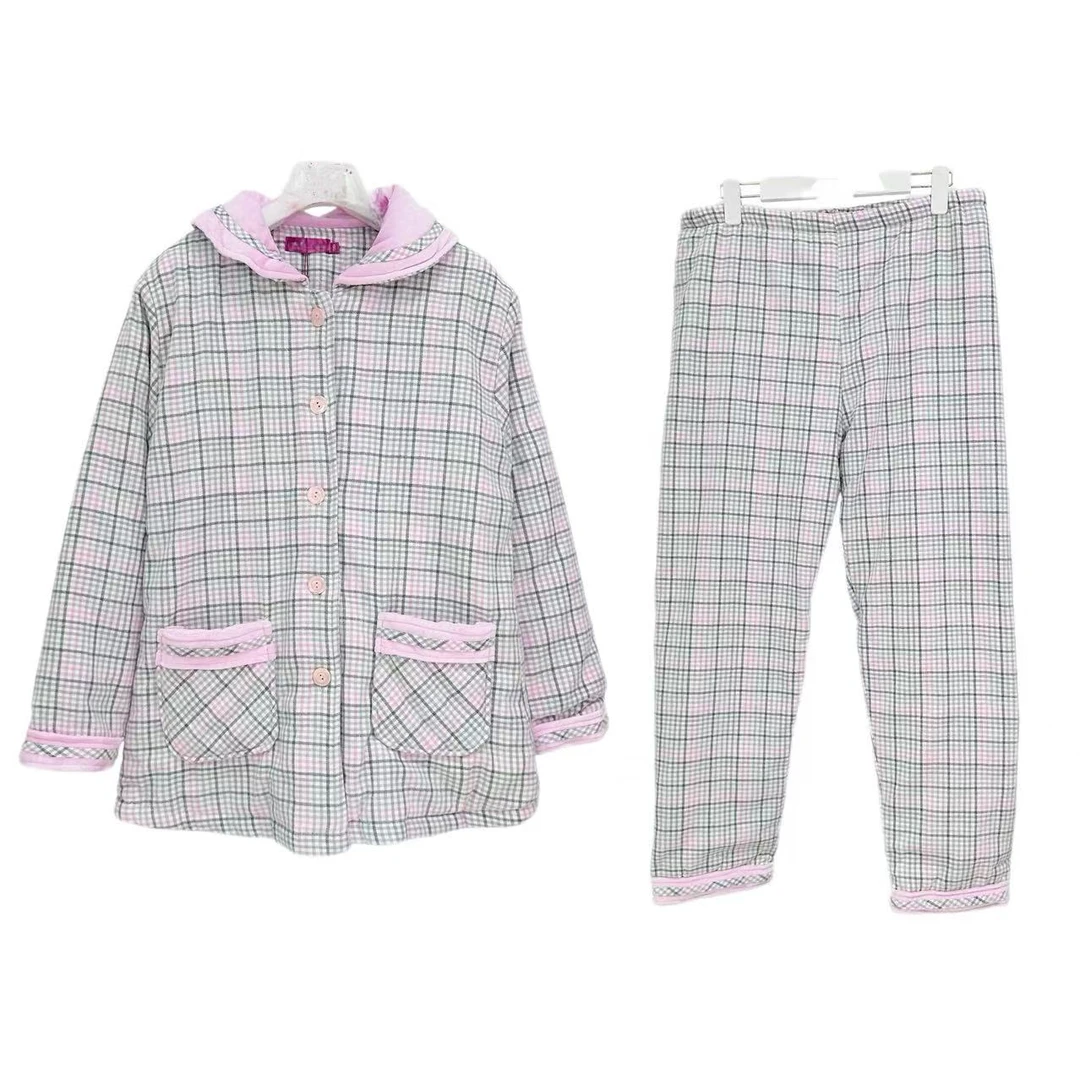 8983-女士北极R冬季加厚三层夹棉保暖居家睡衣（粉格）