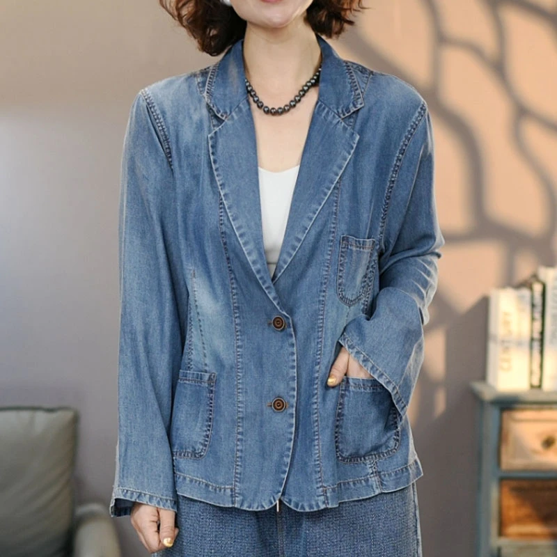8816蓝色女士莱赛尔牛仔西装外套2025春季新款时尚百搭上衣西服