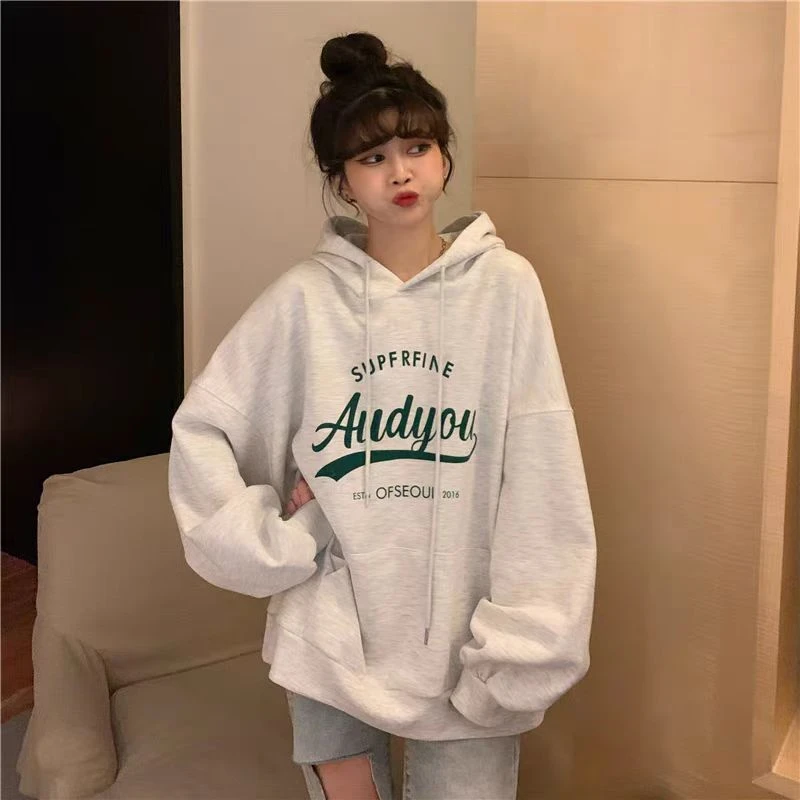 慵懒风宽松休闲字母印花卫衣女春秋季新款长袖抽绳复古上衣