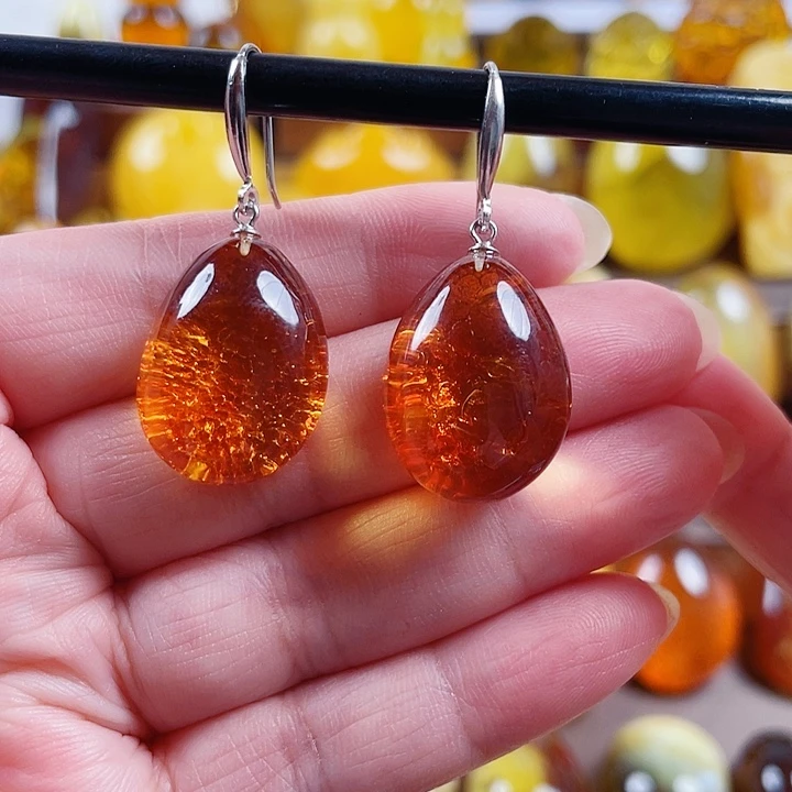 琥珀银S925镶嵌裸石耳环