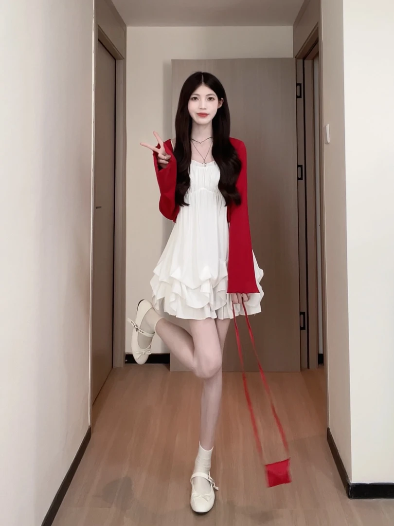 松本丧丧纯欲红色罩衫针织春季短款开衫外套温柔慵懒风B251Z0020