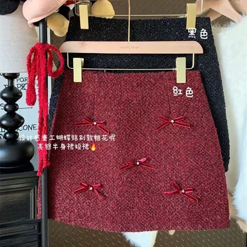 新年小香风红色半身裙女秋冬高腰毛呢a字短裙显瘦亮丝包臀一步裙