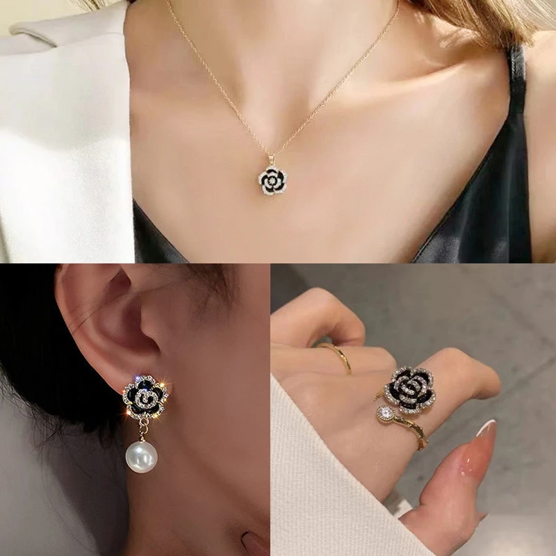 铜合金项链 复古山茶花项链耳环戒指三件套女气质显瘦饰品E1788