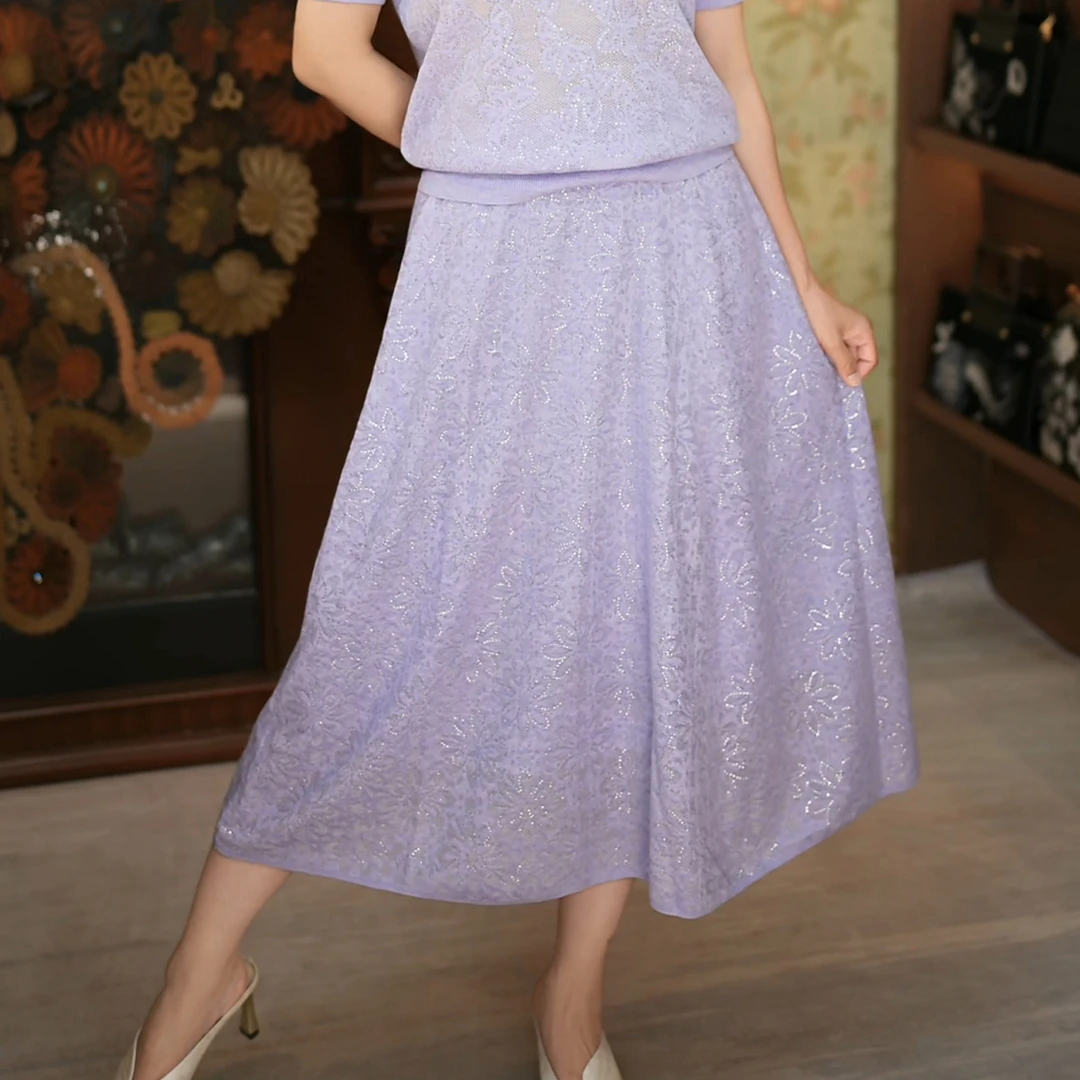 新款烫钻镂空针织半身裙 春夏薄款镂空时尚松紧腰显瘦A字裙中长裙