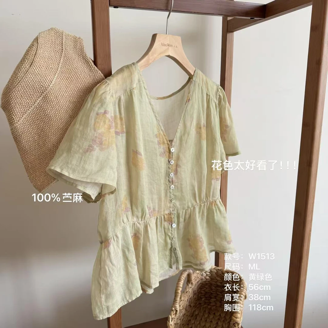 小文姐 W1513-夏季复古法式碎花短袖衬衫女显瘦气质褶皱上衣