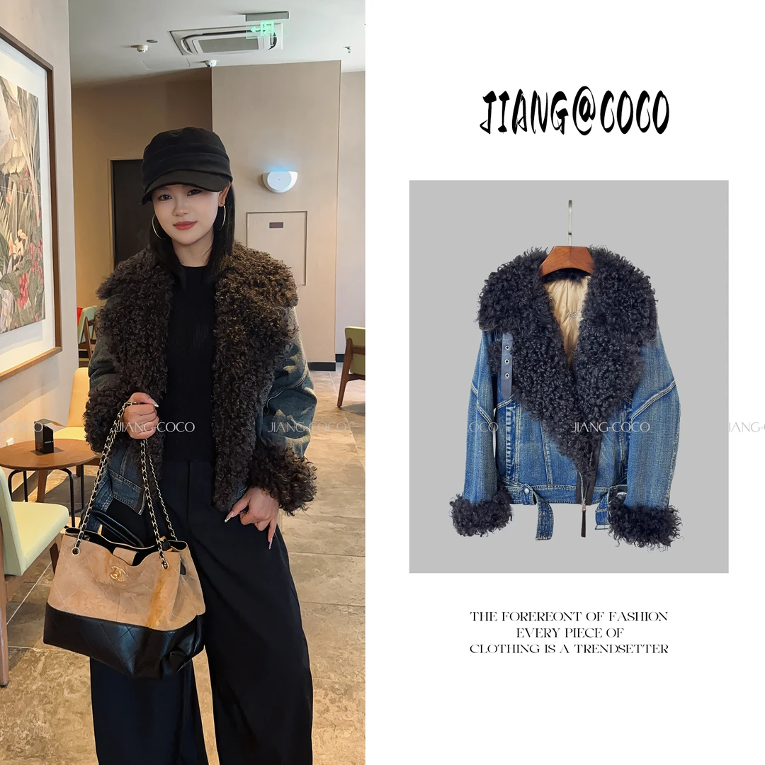 设计师款皮毛一体毛领定制牛仔拼接鹅绒服轻奢外套时尚新款16199