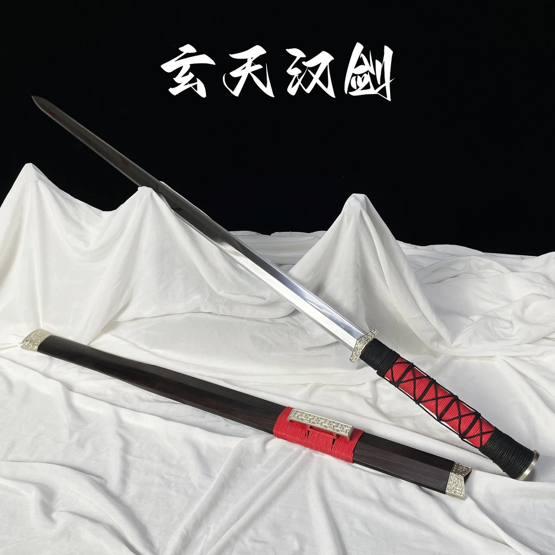 玄天汉剑扭转牛毛纹草钢海绵铁混合折叠锻打黑檀木鞘铜装具未开刃