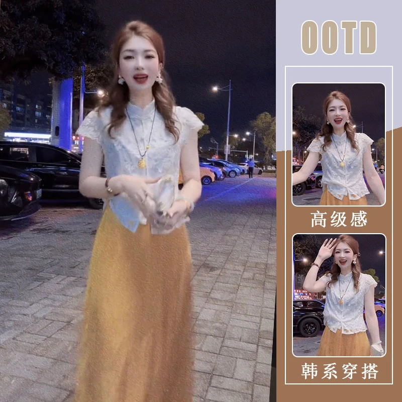 新中式国风女装2025新款重工刺绣盘扣短袖上衣高腰半身裙两件套装