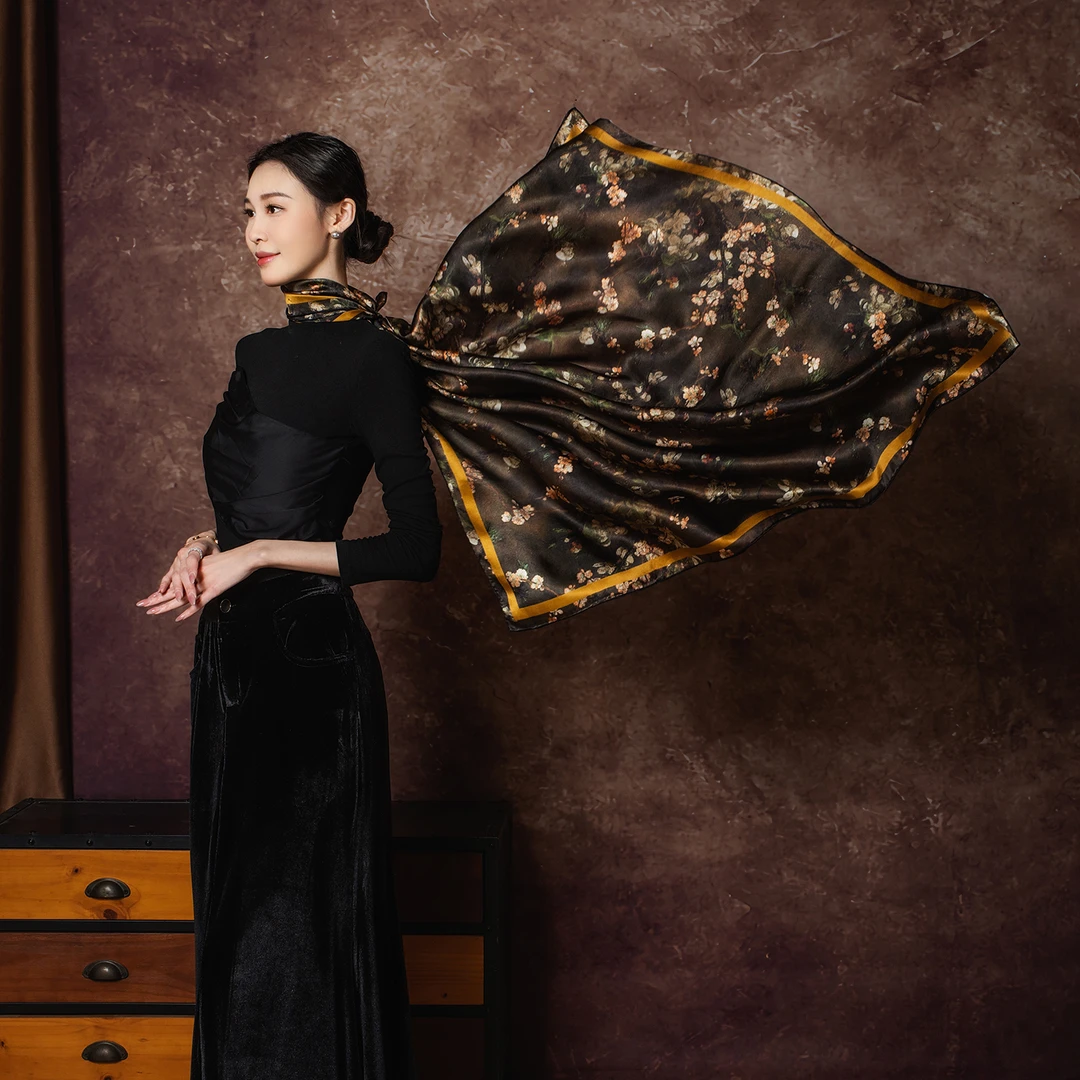 达芬奇密码繁花绮梦110*110方巾气质真丝100%桑蚕丝丝巾围巾头巾