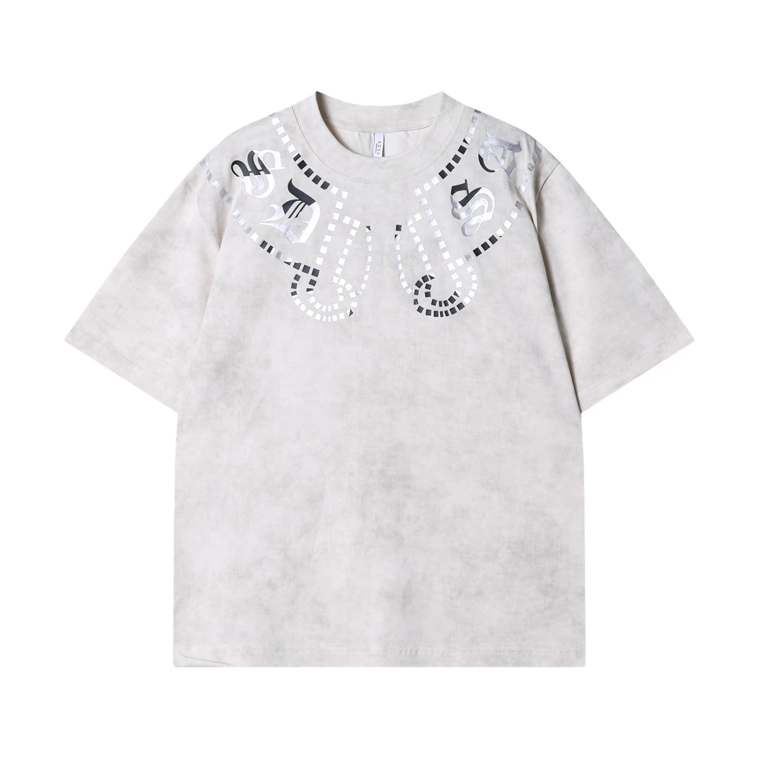 夏季新款时尚个性印花方块圆领短袖T恤美式百搭嘻哈宽松上衣