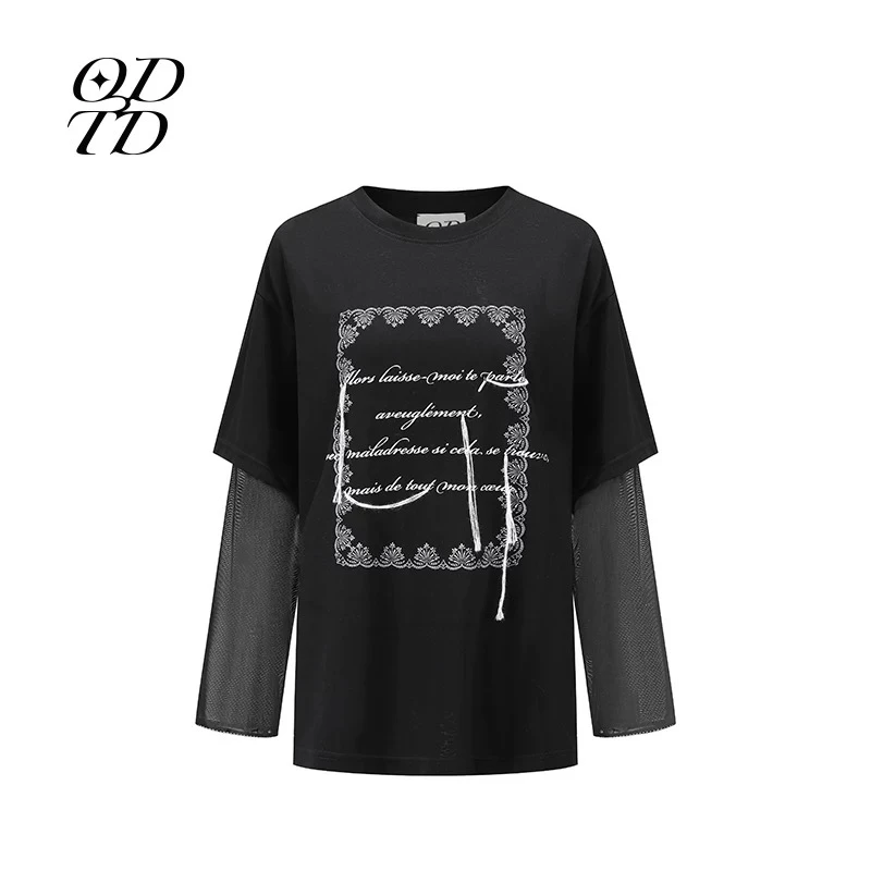 假两件时尚新款百搭刺绣圆领宽松感休闲黑色短袖t恤上衣女长袖
