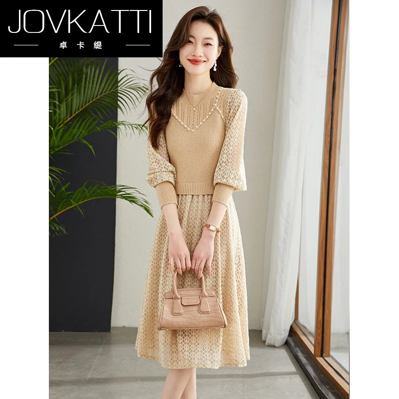 假两件钉珠法式针织连衣裙秋季2025新款女装春秋长袖拼接显瘦裙子