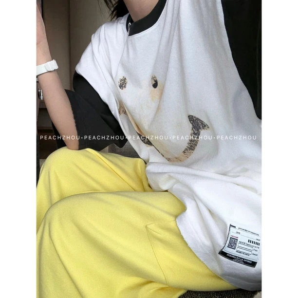 『PEACHZHOU』麻感棉笑脸彩色泼墨做旧印花磨边撞色宽松圆领短袖T恤