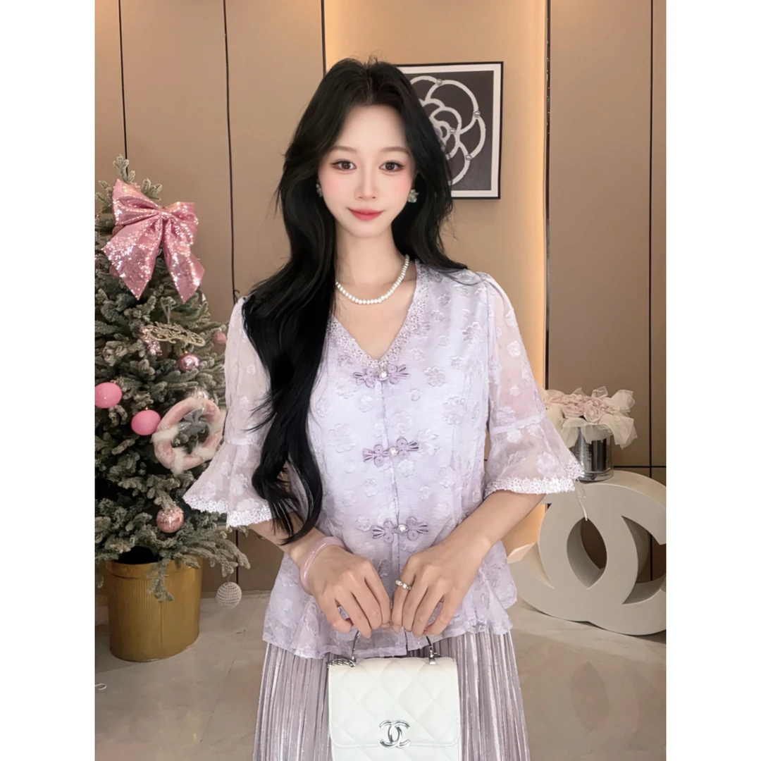 2025新款新中式提花气质温婉小众设计宽松显瘦显白紫色上衣