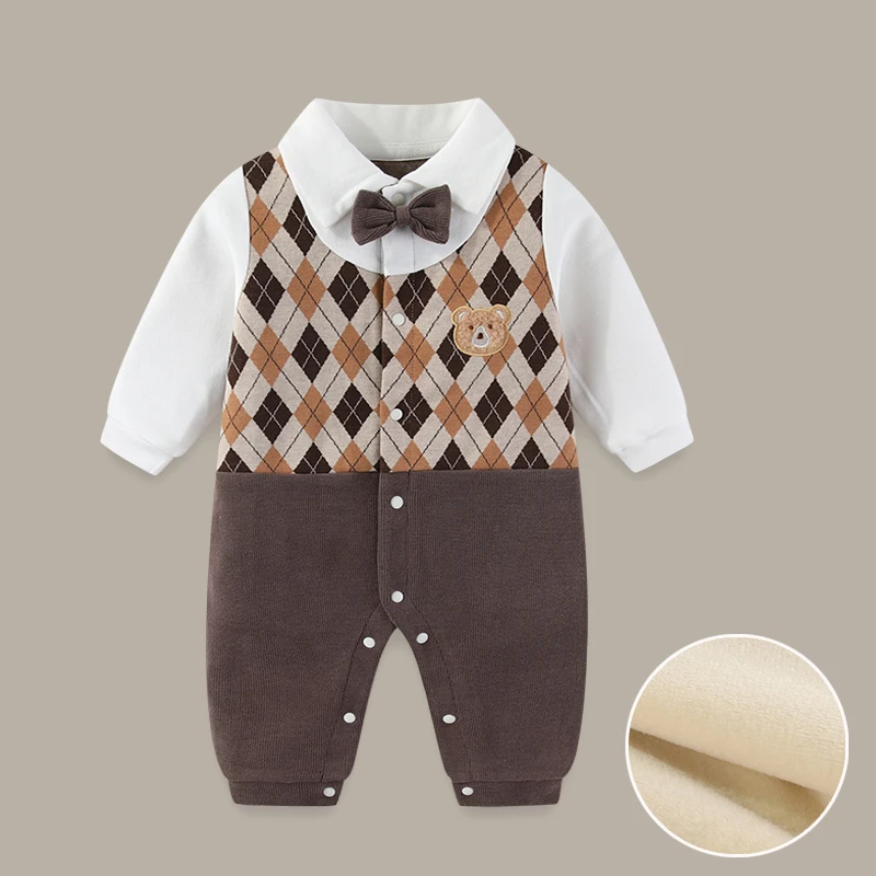 新生婴儿连体衣秋冬装新款小少爷百日礼服男宝宝加绒哈衣外出爬服