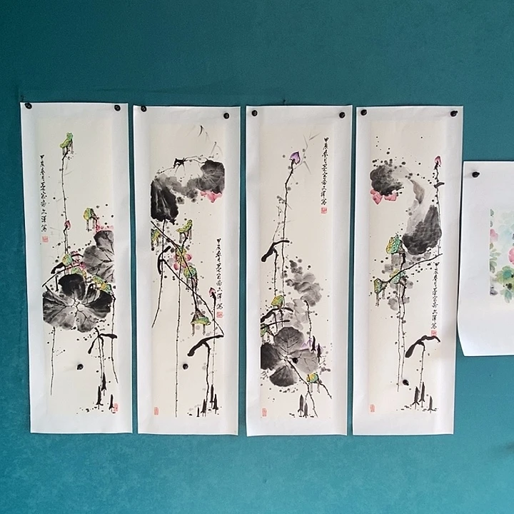 国画三尺对开手绘荷花四条屏