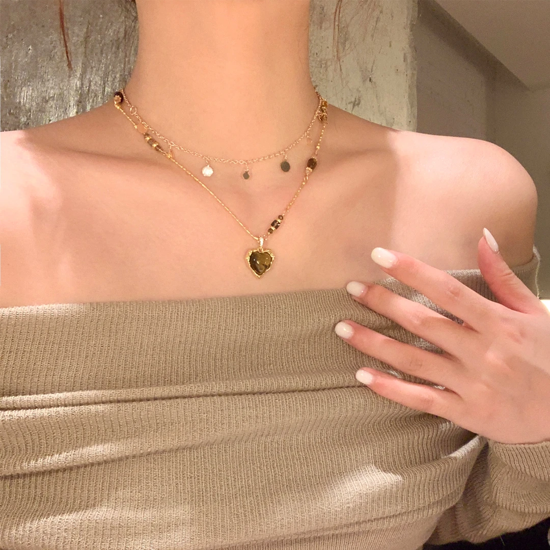 铜合金项链 复古美拉德虎眼石爱心项链女秋冬小众叠戴锁骨毛衣链