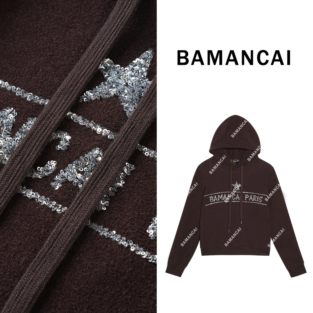 Bamancai-设计感字母加厚加绒圆领连帽套头长袖冬季灰色卫衣女