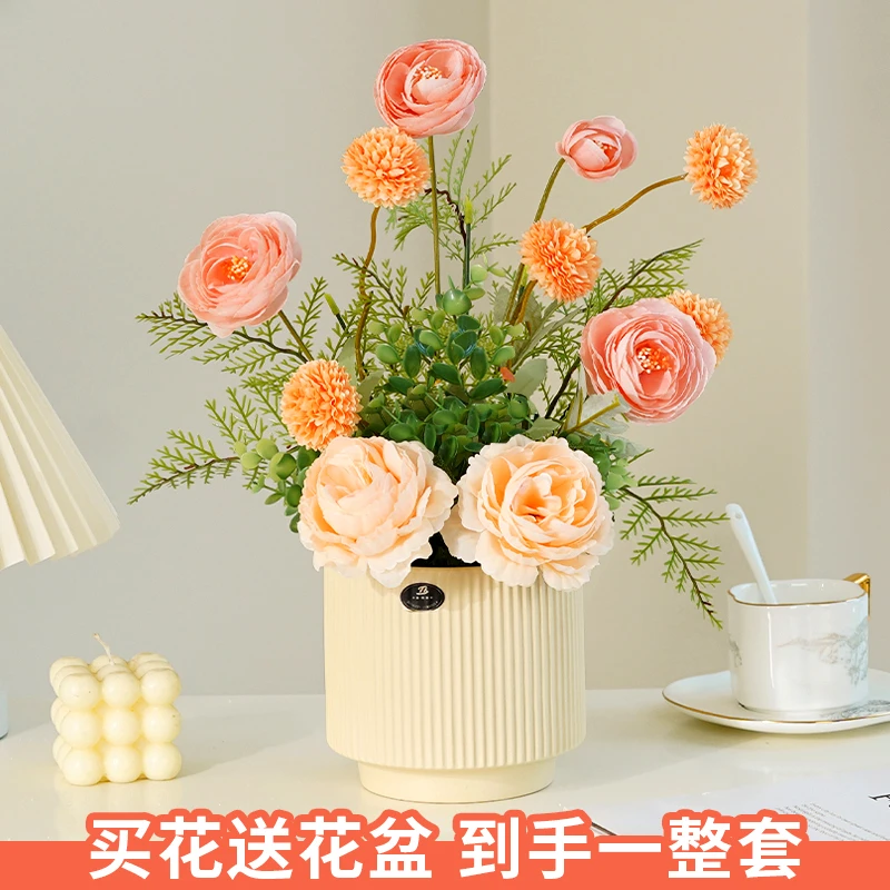 【送花盆】新玫瑰山茶爆款新款仿真花艺摆件家居装饰花艺艺术插花