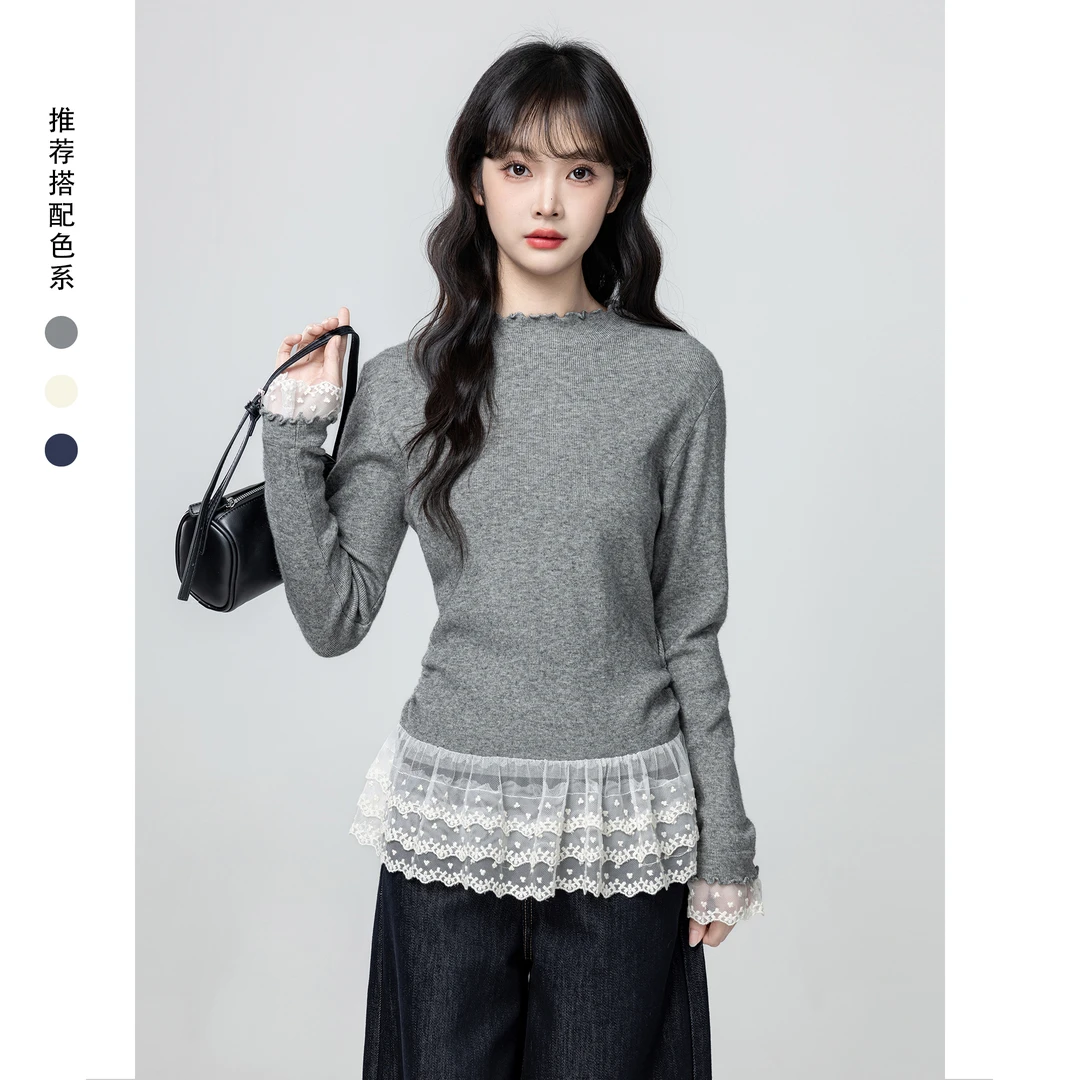灰色小半高领针织衫女秋冬2025秋季新款设计感蕾丝边收腰外穿上衣
