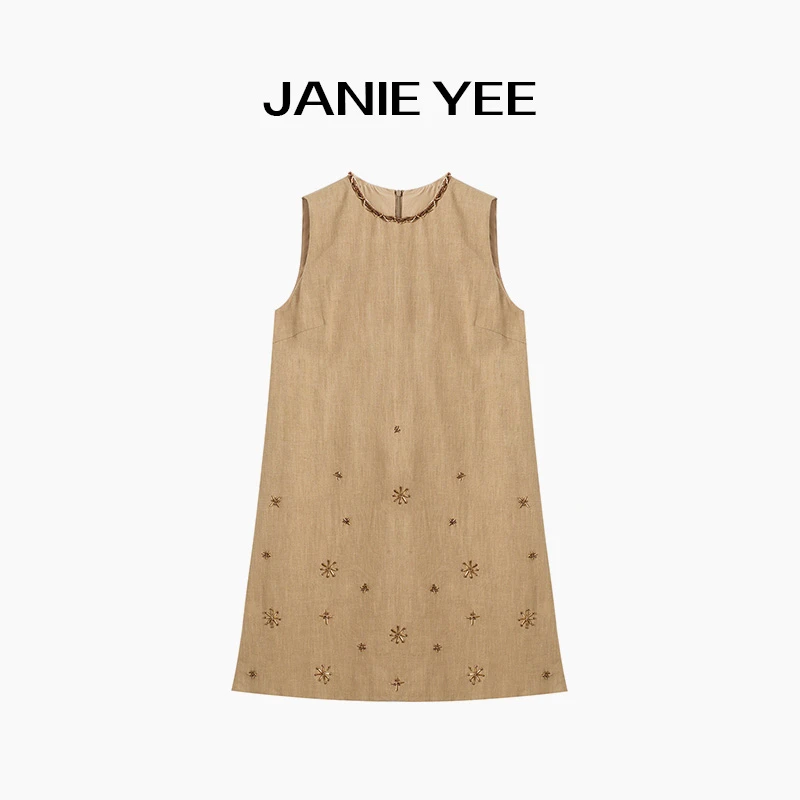 Janie Yee“太妃糖” 老钱苎麻棉刺绣钉珠宽松无袖背心裙夏 25A0375