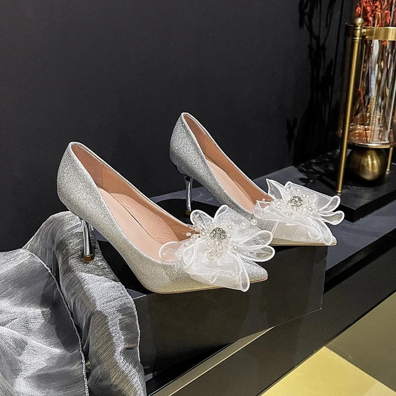 水晶婚鞋女2022年新款秀禾主婚纱两穿香槟色法式新娘高跟鞋不累脚