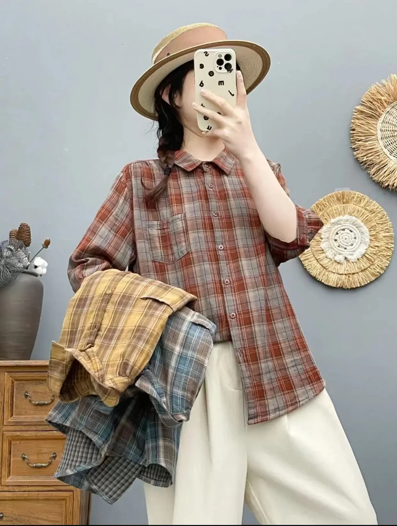纯棉大格子衬衣时尚夏季宽松百搭中袖文艺上衣816