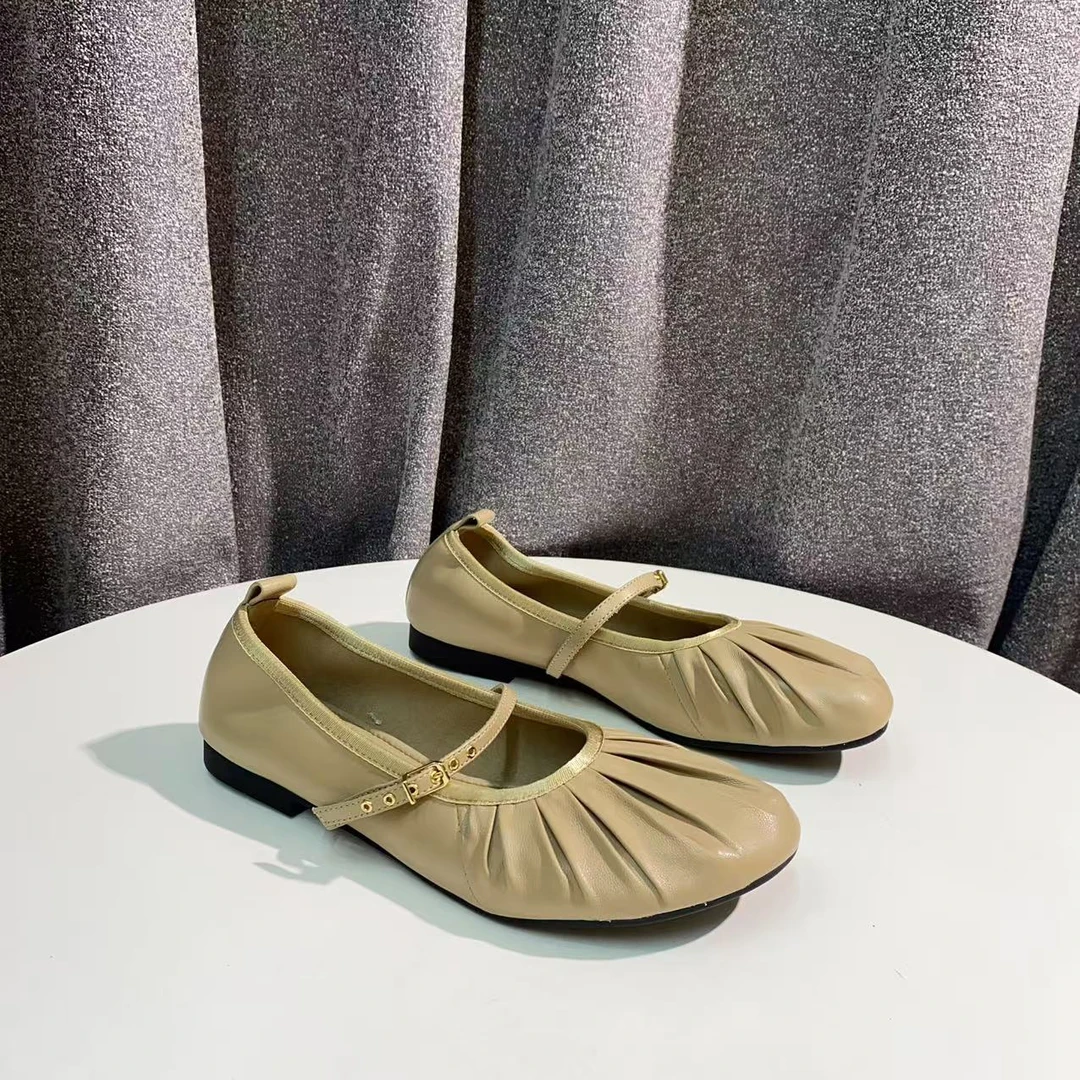 C951 卡其色  高端时尚平底圆头里浅口超软玛丽珍女单鞋