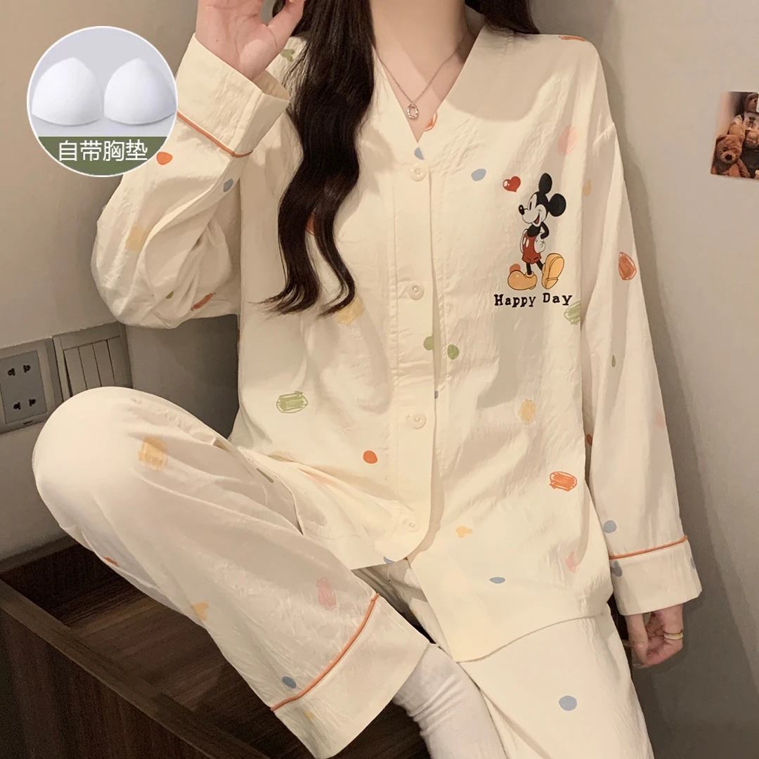 带胸垫睡衣女春秋季云朵棉新款卡通宽松开衫女士睡衣家居服套装