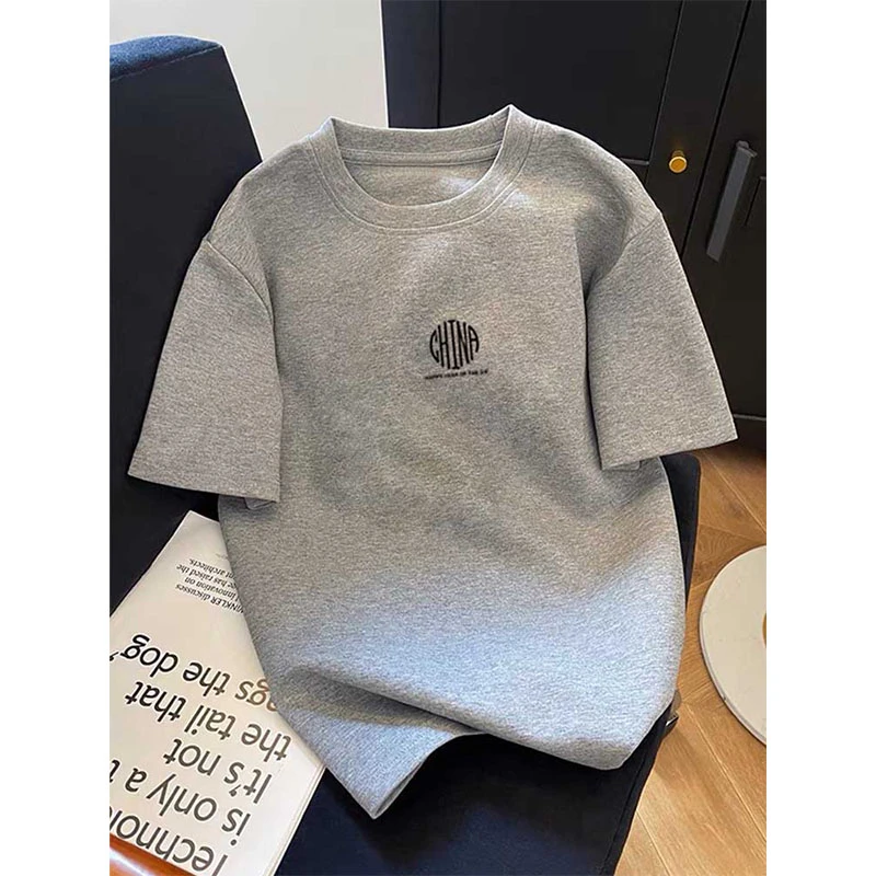 正肩磨毛短袖t恤女时尚百搭灰色上衣加厚款打底衫2025年春夏秋季