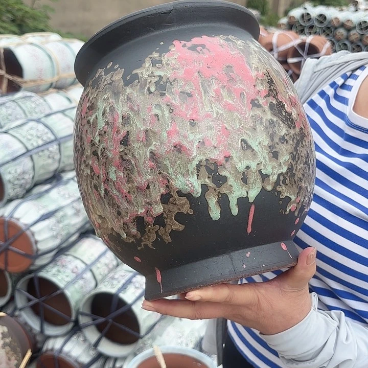 紫砂茶碗油画坛子口径19高度25