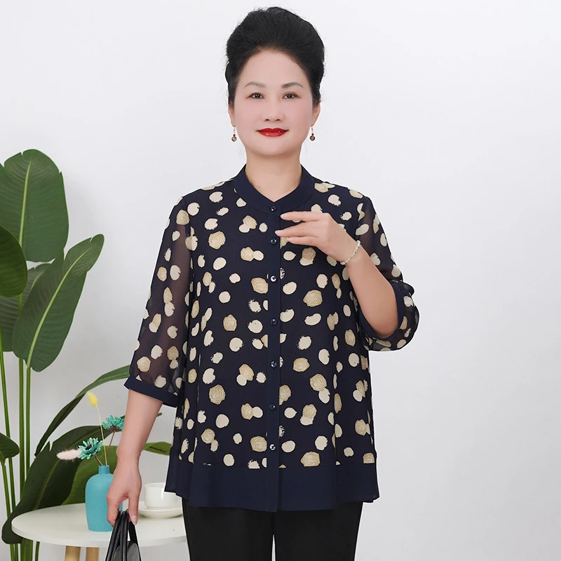 美学家夏季妈妈装宽松薄款洋气小衫2025气质大码衬衫B00015
