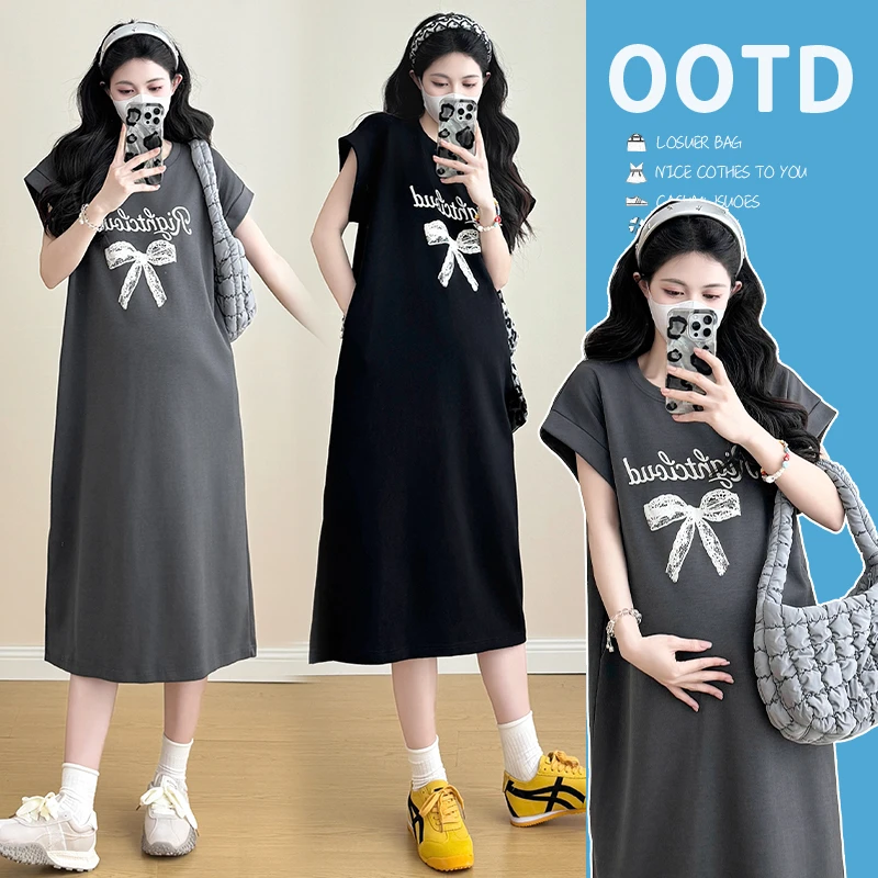 时髦孕妇装新款休闲宽松大码圆领短袖上衣时尚夏季蝴蝶结印连衣裙