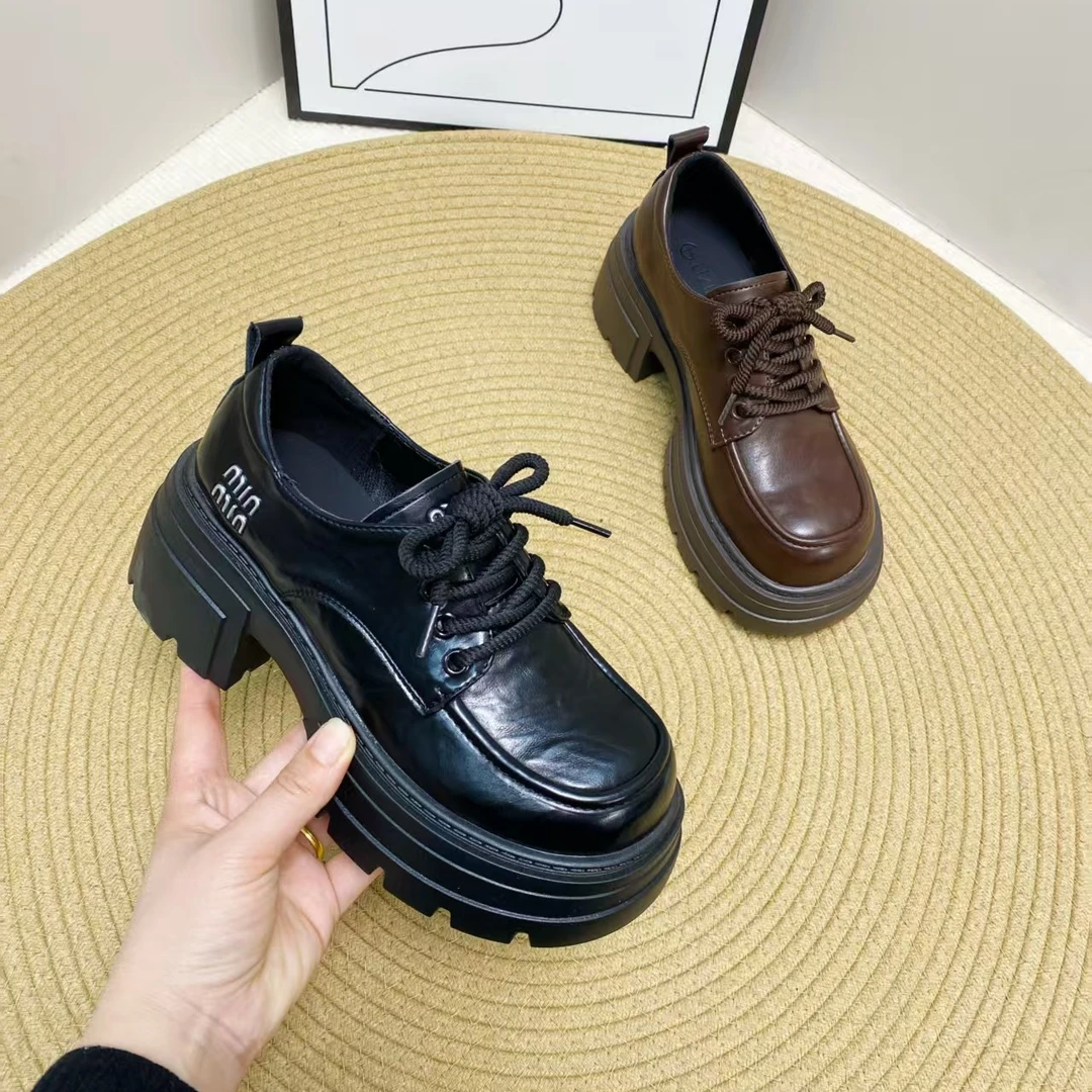 英伦风厚底乐福鞋增高系带复古百搭小皮鞋春秋单鞋983