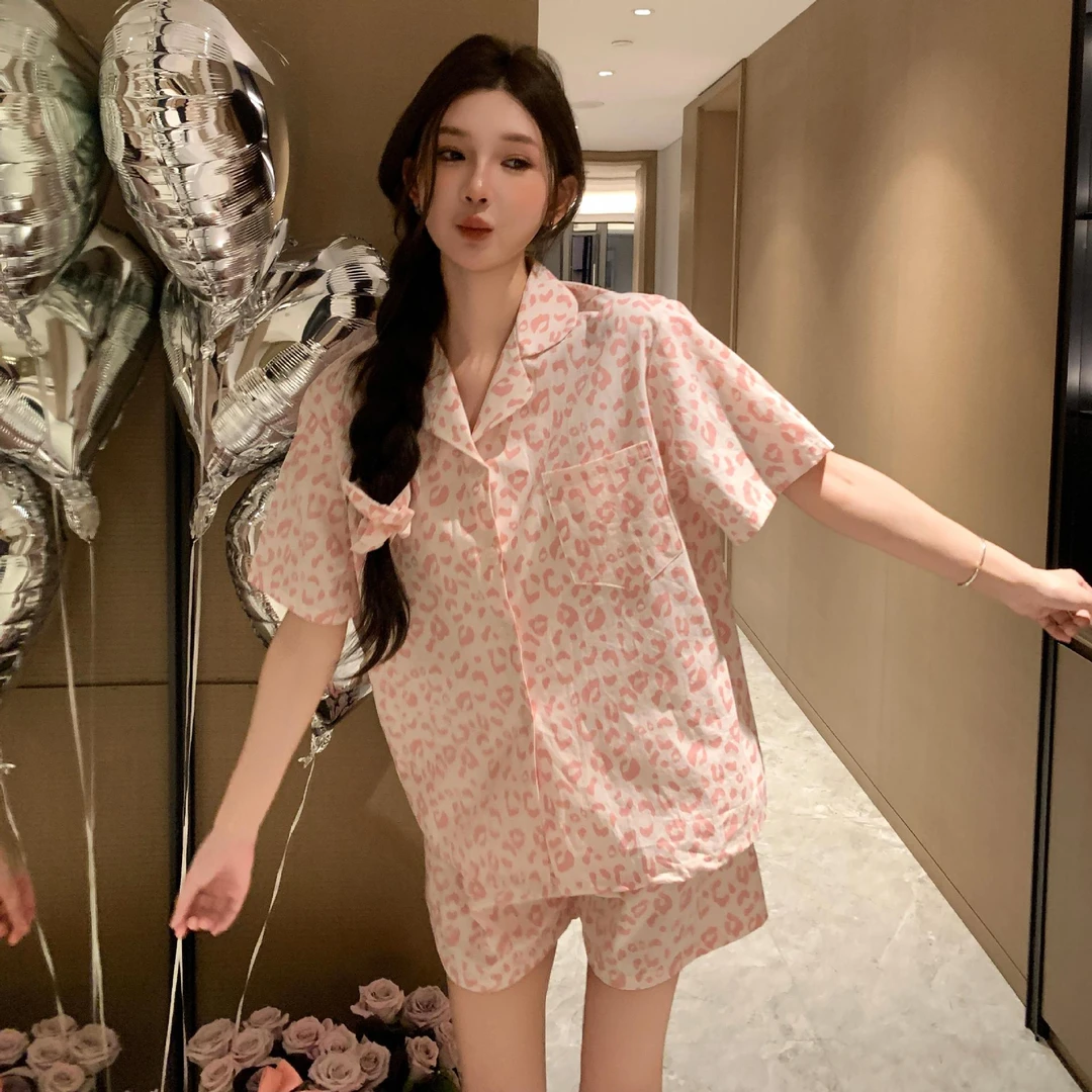 新款大码豹纹全棉睡衣夏季短袖短裤可外穿家居服网红豹纹套装