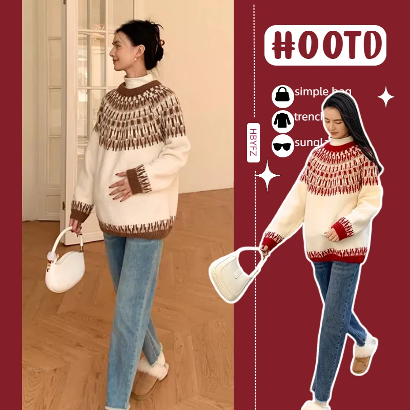 2025孕妇秋冬装时髦红色圣诞毛衣女上衣秋装大码孕妇保暖外穿毛衣