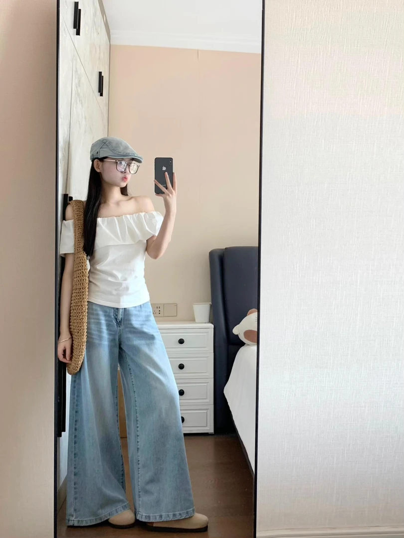 法式一字领露肩短袖t恤女夏季温柔风荷叶边设计感修身短款上衣潮