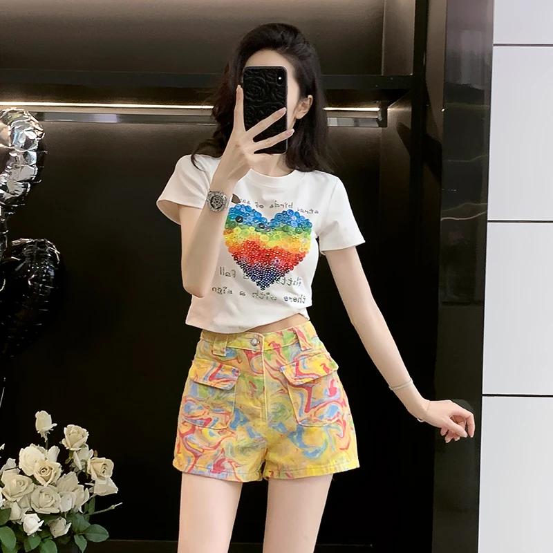 超好看小个子女装时尚套装休闲运动风短袖T恤上衣高腰短裤两件套