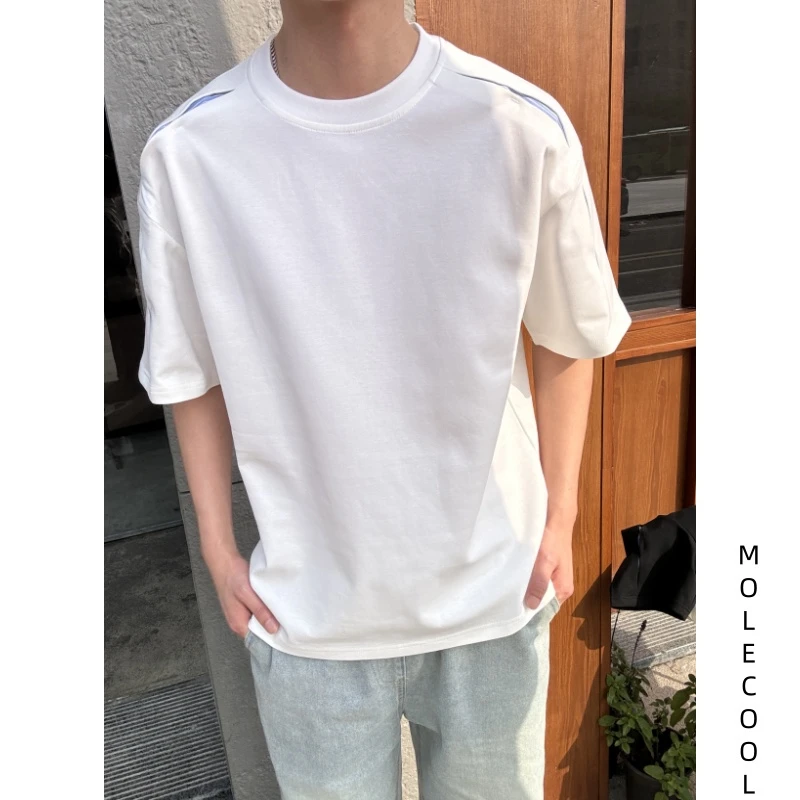 「molecool」2025年春夏新款条纹结构拼接设计网红高级感短袖T恤男