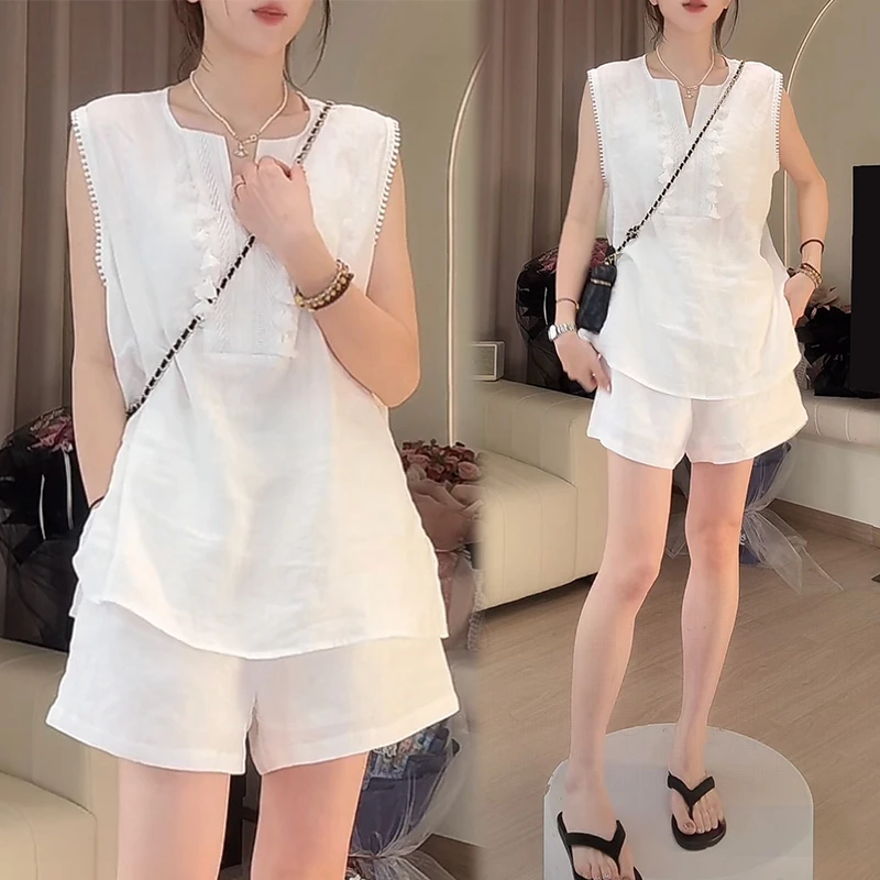 韩系休闲百搭显瘦无袖短裤女2025夏季舒适洋气设计感百搭减龄套装