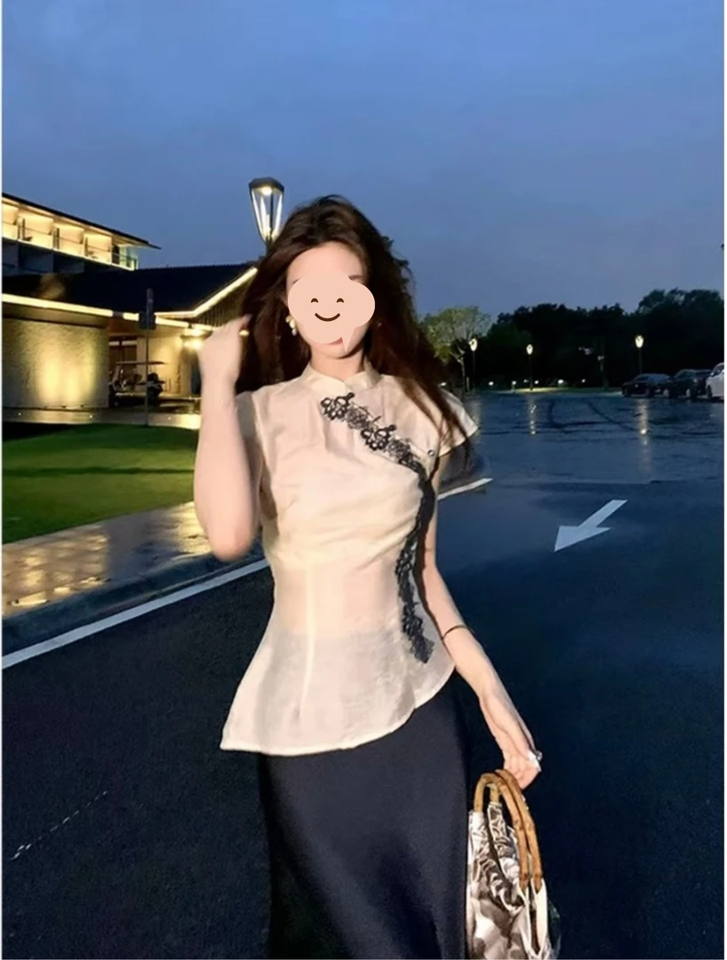 短袖显瘦气质夏季复古小众设计感新中式缎面提花上衣百搭缎面半裙